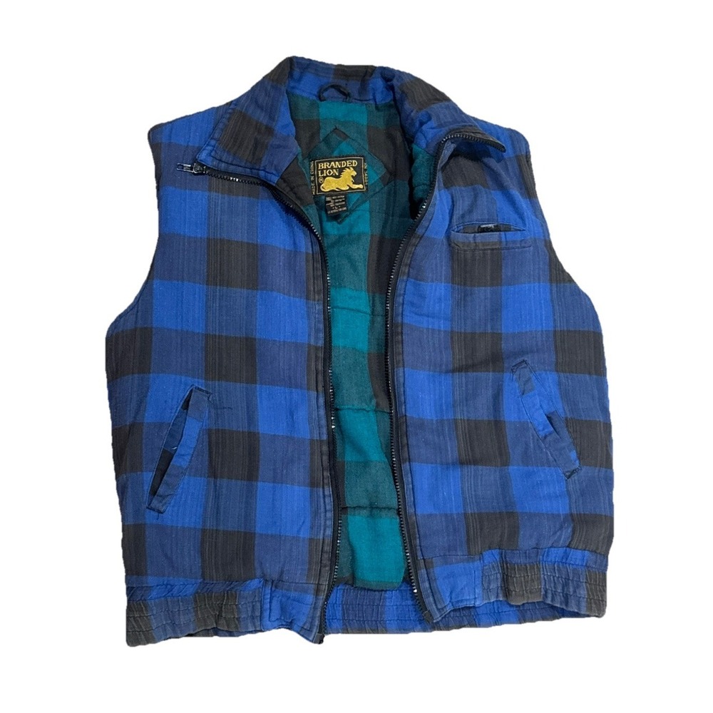 Vintage Branded Lion Hunting Vest Blue Black Plaid Mens Size Men's Large Grunge